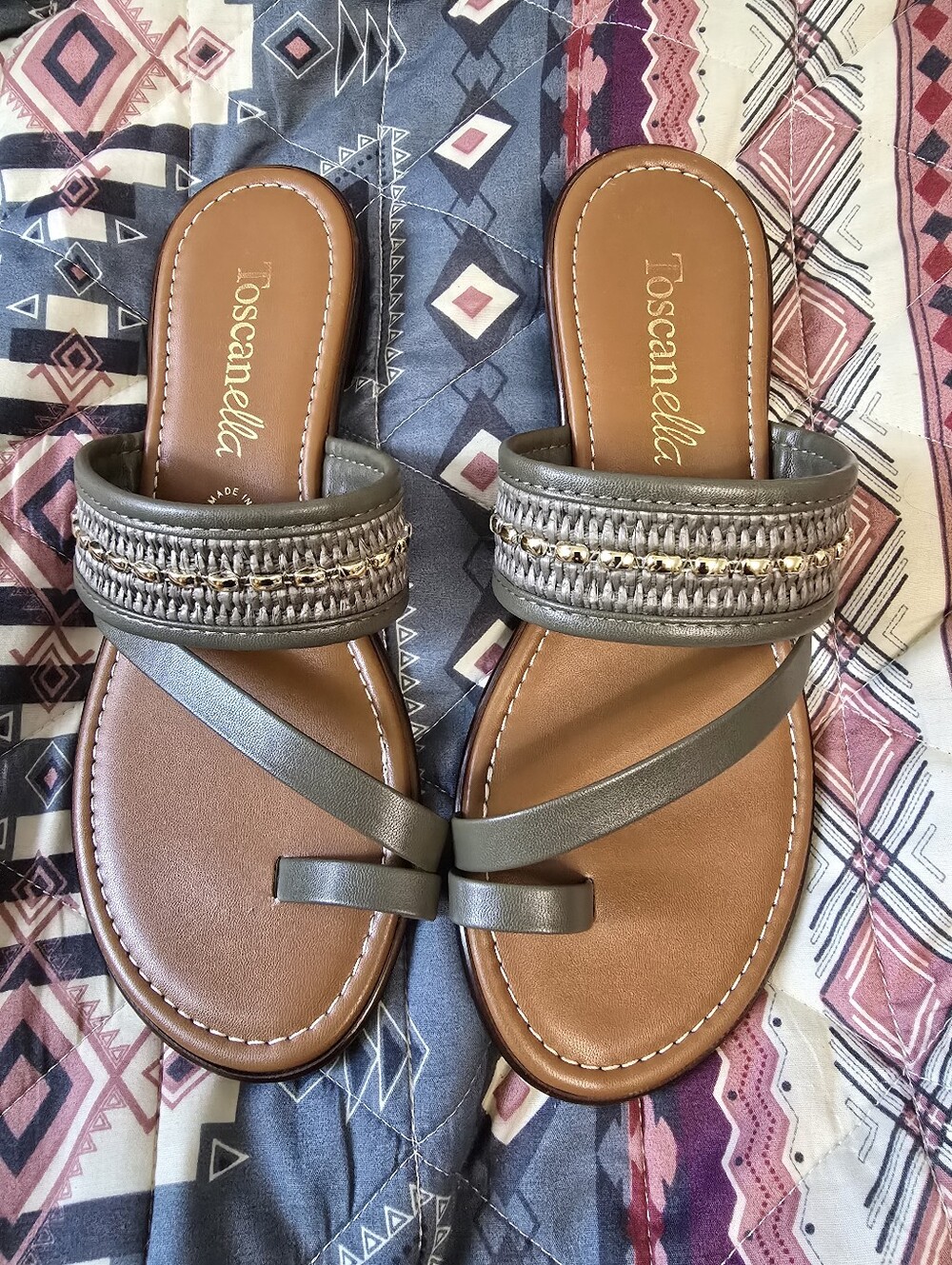 Toscanella Olive Green Leather Toe Ring Slide Sandals Made in Italy Size 8.5